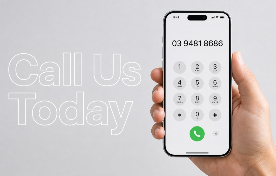 Hand holding an iPhone 17 Pro Max displaying Melbourne Plumbing Co’s phone number 03 9481 8686